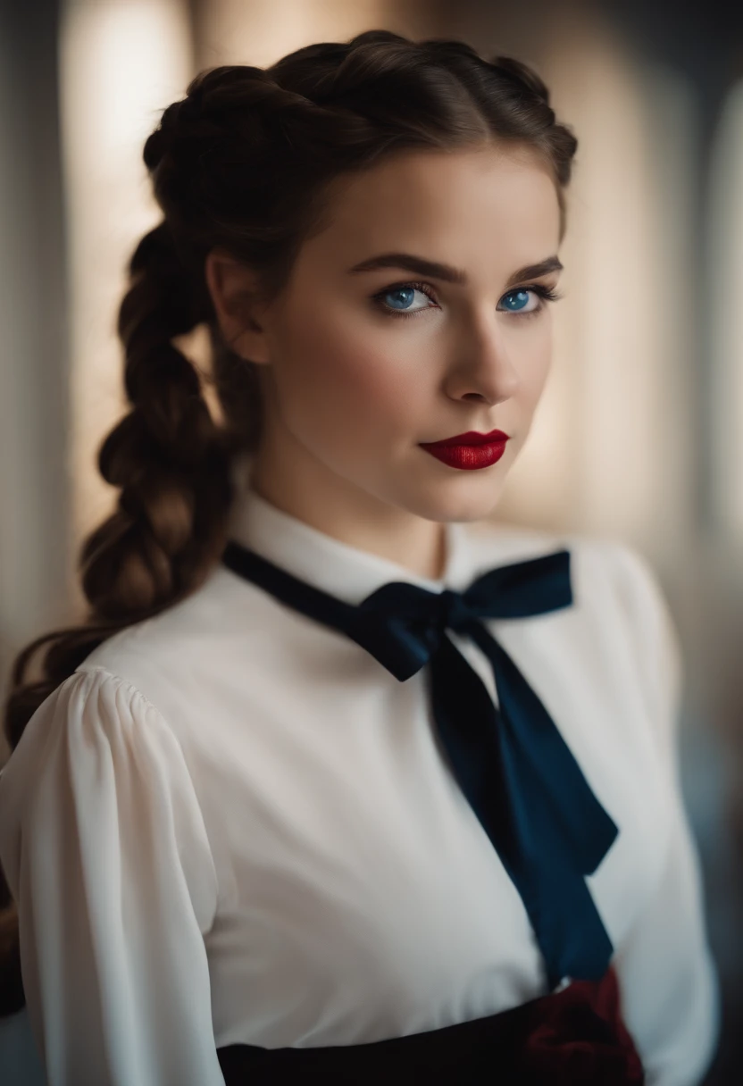 Portrait of a brown haired girl, shoulder length hair. two braided pigtails. blue eyes. bright red lipstick, black eyeshadow. white blouse with satin bow at neck.