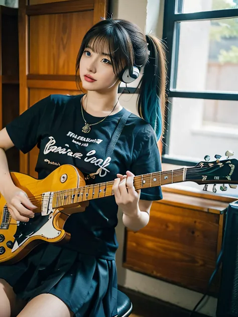 top-quality、8k picture、((masutepiece, Best Quality))1girl in, Solo, Black Dress, Blue eyes, electric guitar, Guitar, headphones, double ponytails, Holding, holding plectrum, musical instrument, Long hair, Music, One side up, Teal Hair, Twin-tailed, playing...