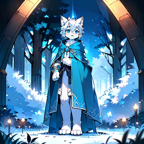 Anthropomorphic standing furry little wolf，adolable, Light：Extreme light and shadow,(anthr(Full Body Furry,Head bust close-up， Silvery-white hair,Large silvery-white ears，Big blue eyes，The mouth is slightly larger，White fur，Reddish skin ，Sky blue eyes, Sil...