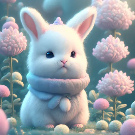 In this ultra-detailed CG art, cute little bunny surrounded by flowers, soft neon colors, best quality, high resolution, intricate details, fantasy, cute animals