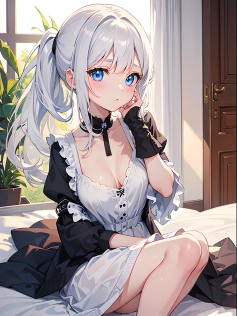 ((4K, ​master piece, Best Quality)), 1girl in, Medium White Hair, Beautiful sky blue eyes, Pony tail, cute roomwear, in room, at noon,  Cute, blush, medium breasts⁩