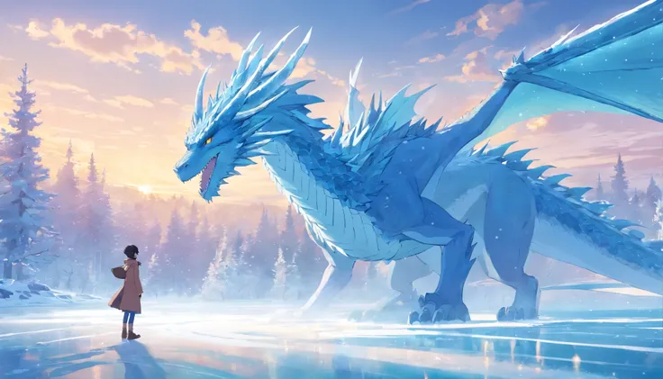 frost dragon, Escamas brancas de neve, Majestoso e majestoso, icy breath, Ambientes frios, massive wings, On the ground covered with snow and ice, Expelling cold dragon breath