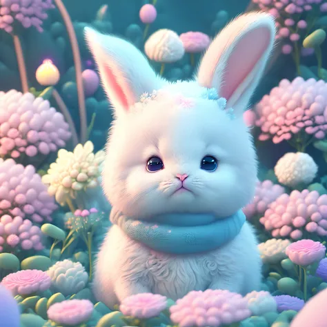 In this ultra-detailed CG art, cute little bunny surrounded by flowers, soft neon colors, best quality, high resolution, intricate details, fantasy, cute animals