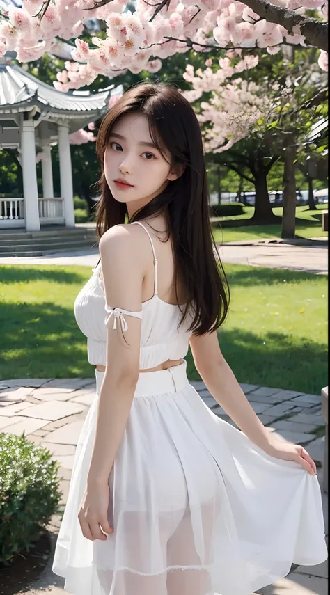 (Best quality, Masterpiece，16k), 1girll, Korean girl，18yr old，Absolutely beautiful, Amazing, In the park，Clear lake，gazebo，Under the peach blossoms，Noble,perfect bodies, Perfect face shape，Charming eyes，Bright big eyes，二重まぶた，Long eyelashes，sensual lip，Whit...