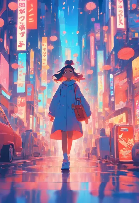 illustration of a woman walking through a city with various objects, editorial illustration pastelcolor, in style of james gilleard, illustration style, james gilleard artwork, flat illustration, in style of digital illustration, magazine illustrations, ed...