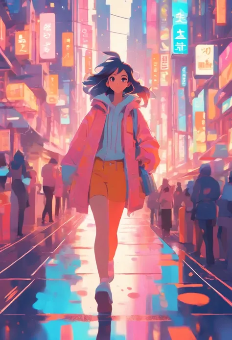 illustration of a woman walking through a city with various objects, editorial illustration pastelcolor, in style of james gilleard, illustration style, james gilleard artwork, flat illustration, in style of digital illustration, magazine illustrations, ed...