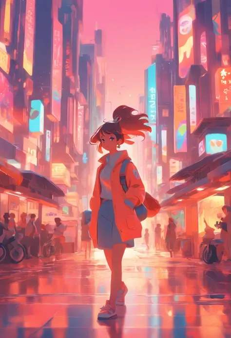 illustration of a woman walking through a city with various objects, editorial illustration pastelcolor, in style of james gilleard, illustration style, james gilleard artwork, flat illustration, in style of digital illustration, magazine illustrations, ed...