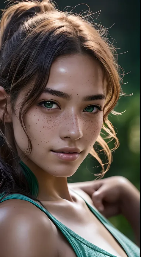 (RAW photo) nighttime scene, Close-up photo of a sexy girl, Posing, looking at the viewer, Smiling, multi-colored curly hair in a ponytail, (Green eyes: 0.8), beautiful young face, 18 yo, soft volumetric lights, Soft key and fill light, (Backlit: 1.3), (Ci...