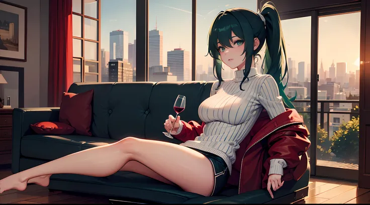 masterpiece, lots of detail, 4k, 8k, ((ultra-detailed)), highres, 2girls, lounger, sweater, wine, cityscape, {red hair|green hair|black hair|blue hair}, {ponytail|short hair|long hair|curly hair}