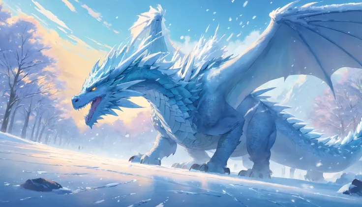 frost dragon, Escamas brancas de neve, Majestoso e majestoso, icy breath, Ambientes frios, massive wings, On the ground covered with snow and ice, Expelling cold dragon breath