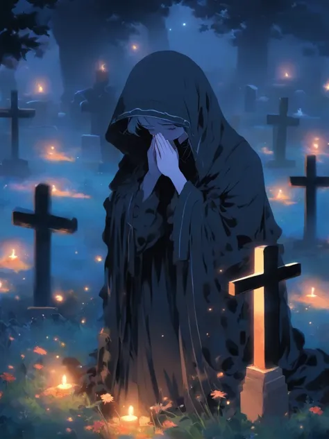 Girl wearing mourning clothes and praying at the grave, Rest in peace, cross, black veil, close eyes, tombstone --s 400 --style cute --ar 3:4