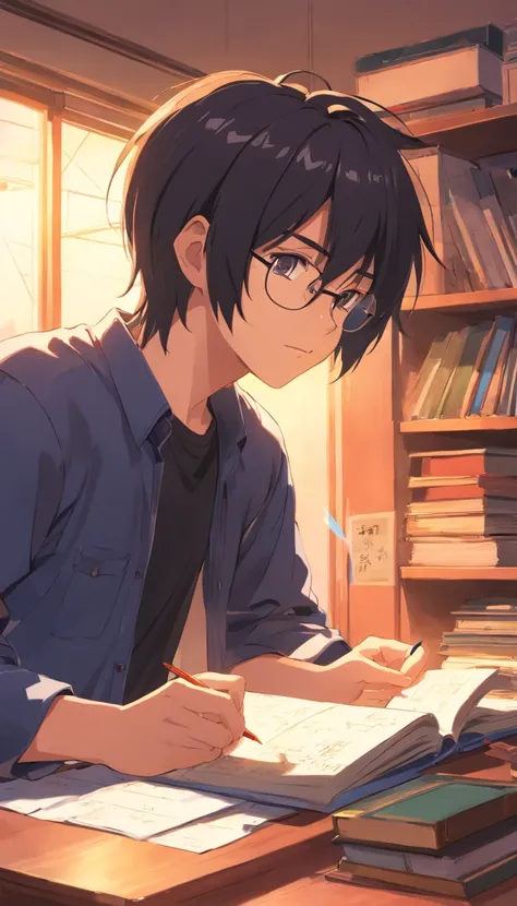 16 yaers old，Libido boy，Shota，Black color hair，black shirt，Square glasses，apathy，long whitr hair，with long bangs，messed up hair，Without background，sketching，In the room