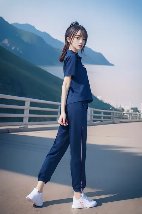 masterpiece, best quality, ultra realistic, hyper-detailed, 8k resolution, RAW photo, sharp focus, (1girl in mountain), ((navy shirt:1.1)), short sleeves, long trackpant,full body pose, solo, perfect body, mature female, 21yo, cinematic light,white shoes