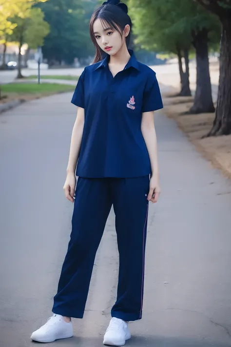 masterpiece, best quality, ultra realistic, hyper-detailed, 8k resolution, RAW photo, sharp focus, (1girl in mountain), ((navy shirt:1.1)), short sleeves, long trackpant,full body pose, solo, perfect body, mature female, 21yo, cinematic light,white shoes