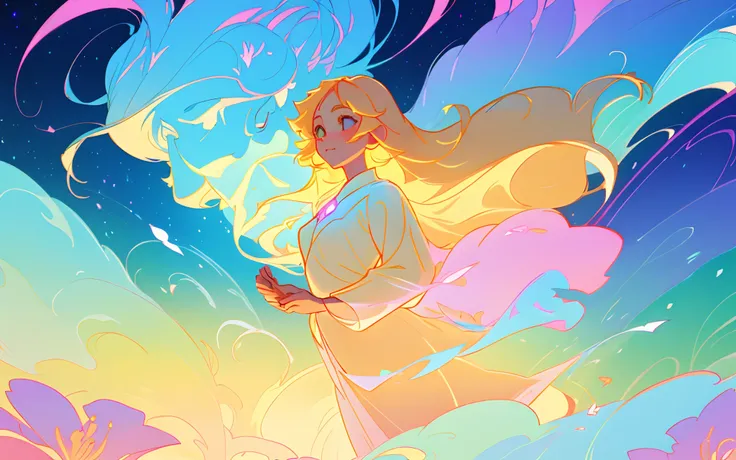 beautiful girl with flowers in her hair, long sleeve flowing gown, long glowing ethereal hair, glowing flowing hair, beautiful young wind spirit, beautiful anime art style, beautiful digital illustration, ethereal anime, a beautiful artwork illustration, b...