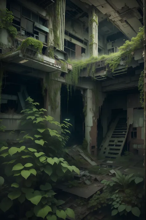 surreal architecture, surreal abandoned buildings, abandoned flying future city,decrepit，Broken，Armageddon，Dilapidated building，Buildings overgrown with plants，the night，Black sky，Spooky atmosphere，Japanese-style architecture