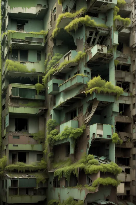 surreal architecture, surreal abandoned buildings, abandoned flying future city,decrepit，Broken，Armageddon，Dilapidated building，Buildings overgrown with plants，the night，Black sky，Spooky atmosphere，Japanese-style architecture