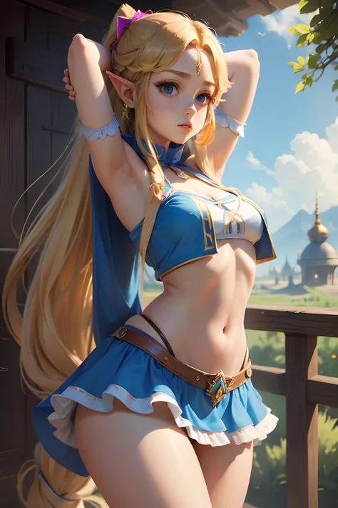 masterpiece,best quality,zelda(princess), 1girl, solo, (teenager_girl), long_hair, armpit, no_panties, big_legs, no_bra, shorts_dress,big_hips, ribbon_hair, open_navel.