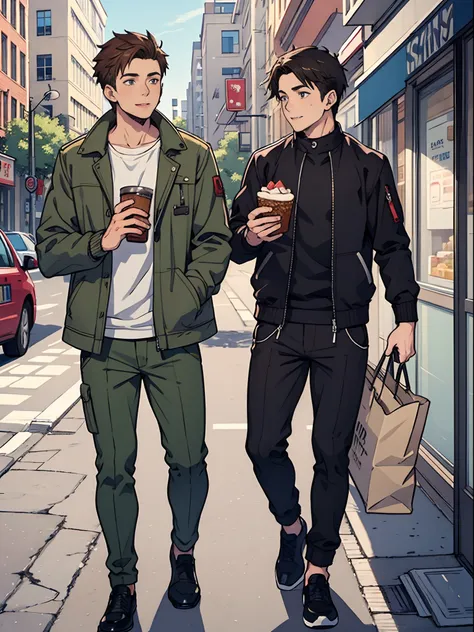 2male, jacket, pant, gay, gay male relationship,yaoi, city boy fasion style, wood, food,