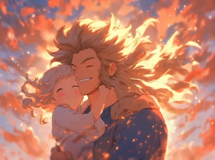 (a loving father with his daughter on his shoulders, the girls happy flowing hair, a shy smile, cutecore, distorted style, white background)