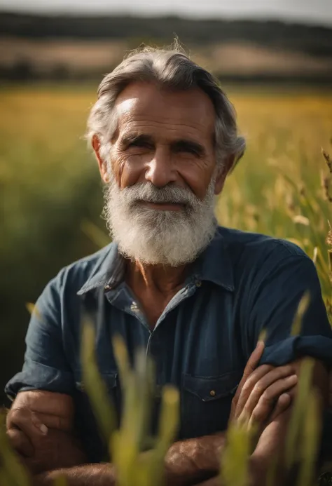 Senior bearded farmer with straw hat arms crossed in the field with sun behind him natural volumetric lighting and better shadows, profundidade de campo profunda, foco claro, Retrato do homem 56 anos, corpo inteiro, belo rosto viril, barba, atraente com ol...