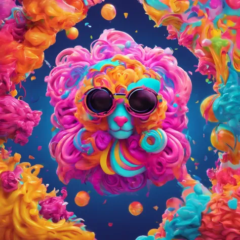 In a whimsical kawaii cafe, Kitten Fluffy, crafted from highly detailed curling, thin glowing multi-colored smoke, dons a rose flower hoodie and fancy funny stylish giant shiny sunglasses. Against a backdrop of vibrant neon typography spelling VIKUSIA, FAI...