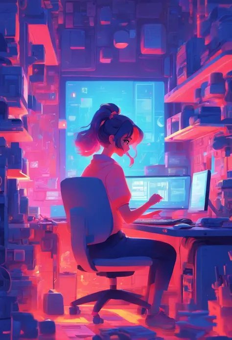 illustration of a woman working on a computer through a room with various objects, editorial illustration pastelcolor, in style of james gilleard, illustration style, james gilleard artwork, flat illustration, in style of digital illustration, magazine ill...