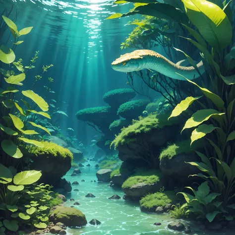 Underwater snake with yellow eyes in clean transparent river BLUE Water forest with green plants, Natureza, 8k realistic