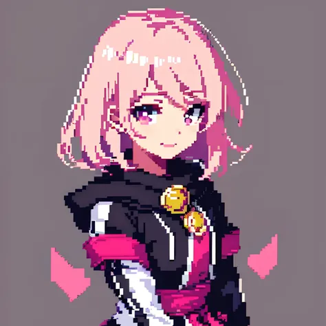 Pixel art, masutepiece, Pix, 1girll, black colored hair, Pink pick dye, Pink eyes, short detailed hair ,hoods, Petite, Small chest, only face, vivaciousness, I pursed my lips and smiled, Anime style, Cute, Simple background, contrast background