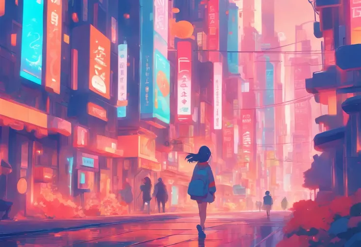 illustration of a woman walking through a city with various objects, editorial illustration pastelcolor, in style of james gilleard, illustration style, james gilleard artwork, flat illustration, in style of digital illustration, magazine illustrations, ed...