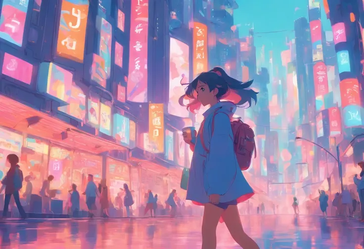 illustration of a woman walking through a city with various objects, editorial illustration pastelcolor, in style of james gilleard, illustration style, james gilleard artwork, flat illustration, in style of digital illustration, magazine illustrations, ed...