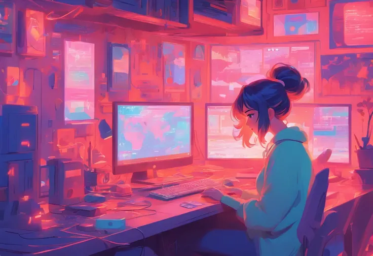 illustration of a woman working on a computer through a room with various objects, editorial illustration pastelcolor, in style of james gilleard, illustration style, james gilleard artwork, flat illustration, in style of digital illustration, magazine ill...