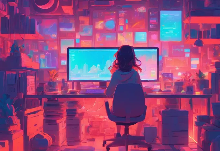 illustration of a woman working on a computer through a room with various objects, editorial illustration pastelcolor, in style of james gilleard, illustration style, james gilleard artwork, flat illustration, in style of digital illustration, magazine ill...