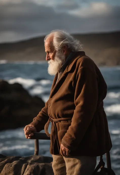 Award-winning full-body photo of an older graying medieval fisherman in a Serha sweater with wrinkles on his face, Rede de pesca, Barco, oceano, ondas, penhasco de montanha com ondas quebrando, tempestuoso, Esquerda, Ser, (background lighting: 1.3), Pintur...