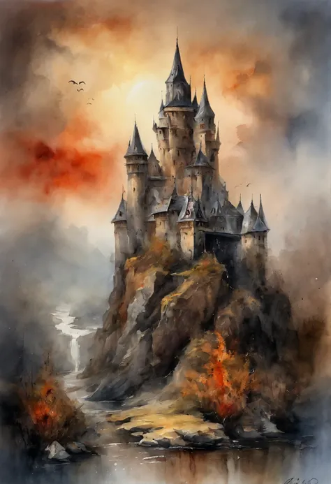 Best quality, Masterpiece, 超高分辨率, (photograph realistic:1.4), surrealism, Dream-like,fusionart, Shadowdancer, shadow magic,Red-eyed, Black-haired vampire，Dilapidated castle in the background