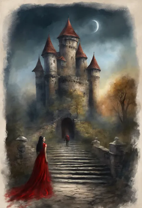 Best quality, Masterpiece, 超高分辨率, (photograph realistic:1.4), surrealism, Dream-like,fusionart, Shadowdancer, shadow magic,Red-eyed, Black-haired vampire，Dilapidated castle in the background