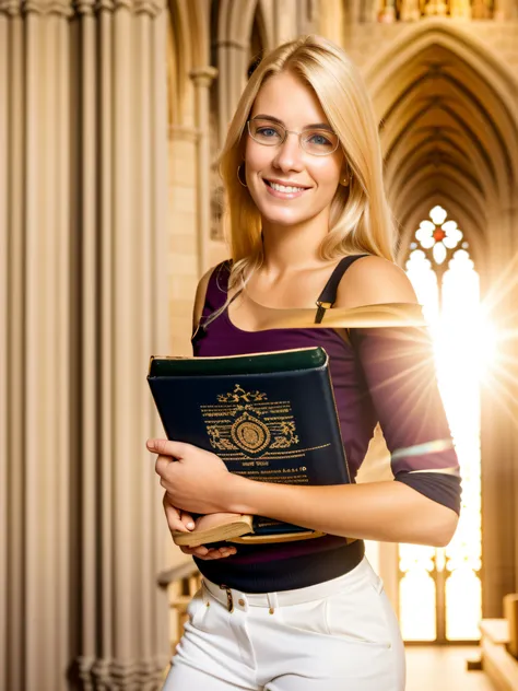 photo blonde woman with glasses, religiosa sorridente, holding a bible, inside a gothic church. luz suave, luz de nevoeiro, morn...