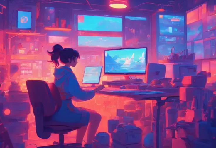 illustration of a woman working on a computer through a room with various objects, editorial illustration pastelcolor, in style of james gilleard, illustration style, james gilleard artwork, flat illustration, in style of digital illustration, magazine ill...