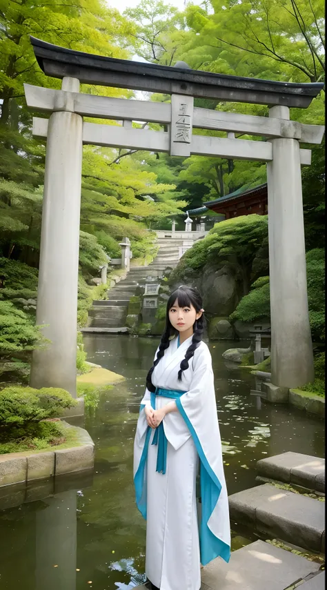 Japan girl has white skin and beautiful、Emerald blue eyes、silber hair、Braids、Priestess costume、Precincts of the shrine、Large torii gate、small pond、lantern、