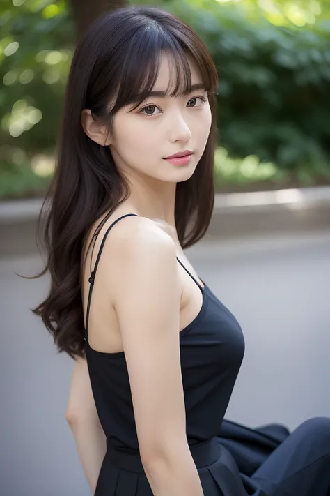 8K, Best Quality, masutepiece ,1 beautiful woman, (Japanese Idol:1.2) , fairylike, big eye, Big brown eyes ,二重まぶた, Wearing a black camisole, Height 165cm, central park,  Pale lips, Makeup is natural, Standing,Thigh Focus, Skin color is peach, Fit the size ...