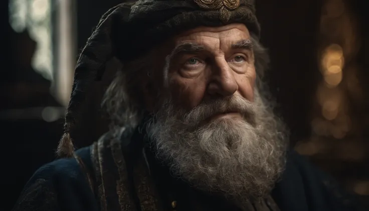 A portrait of a wizard, bearded, wrinkled, weathered, with piercing eyes, detailed face, high details, photography, dark studio, rim light, Nikon D850, 50mm, f/1.4