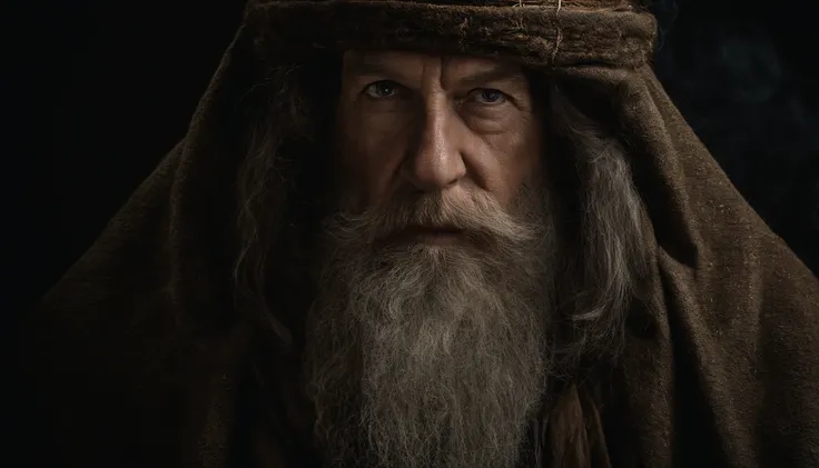 A portrait of a wizard, bearded, wrinkled, weathered, with piercing eyes, detailed face, high details, photography, dark studio, rim light, Nikon D850, 50mm, f/1.4