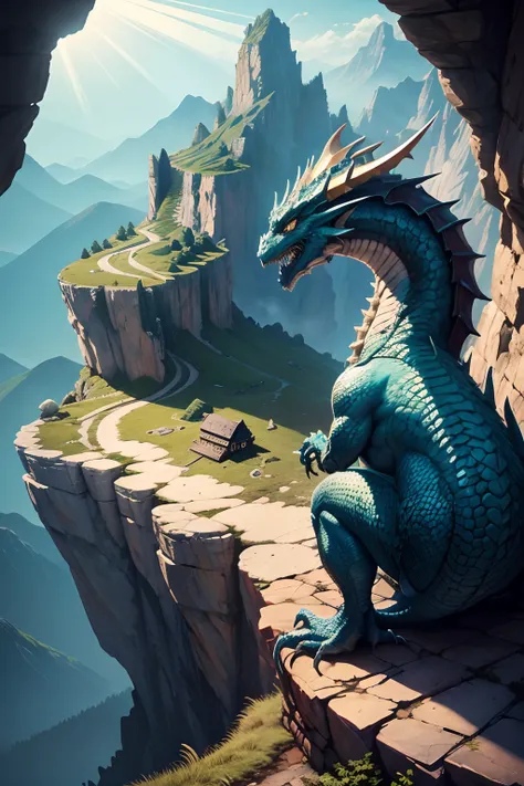 an ancient dragon perched atop a mountain peak, its scales glistening in the sunlight, guarding a treasure trove hidden within the cliffs.