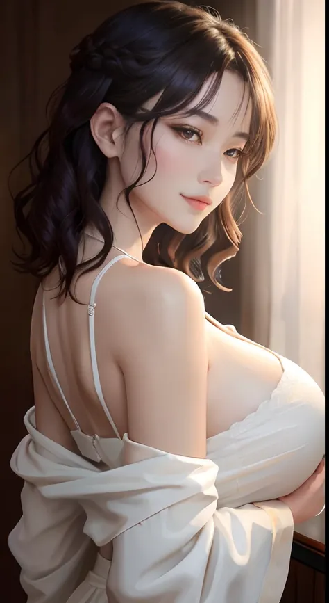 masutepiece, Best Quality、Realistic, ( Intricate details, depth of fields)、Hyper-Realism, 8K, Best Quality, Super Detail, retinas, ighly detailed, Perfect face, Perfect body, Huge breasts, Constriction, Very big ass, Glamour, indirect lighting, hair wavy、S...