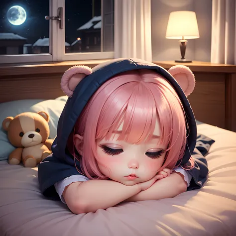 ​masterpiece、top-quality、ultra-detailliert、(Chibi Charas Daughter:1.2)、Chibi Bed、night wear、closing eye、Sleeping、The bed is what you sleep in、dim room、Moonlight from the window、Stuffed bear