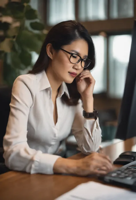 Asian Office Lady With Glasses Working