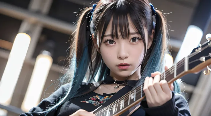 top-quality、8k picture、((masutepiece, Best Quality))1girl in, Solo, Black Dress, Blue eyes, electric guitar, Guitar,   Holding, holding plectrum, musical instrument, Long hair, The music you play is rock, One side up, Teal Hair, Playing the Gita at the Bud...