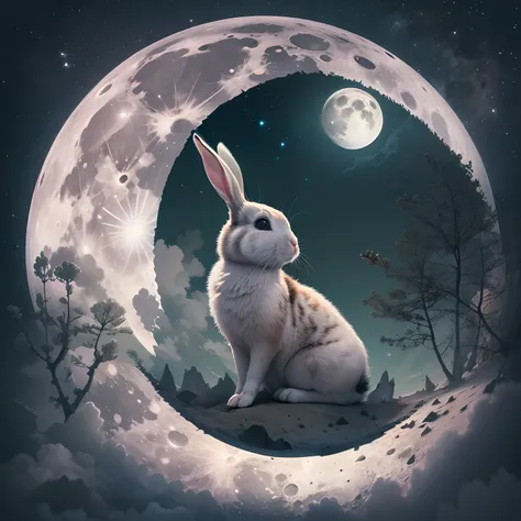 1 Rabbit Month，The rabbit blends into the moon，Moon superimposed with rabbit，Double exposure illustration，Huge Full Moon