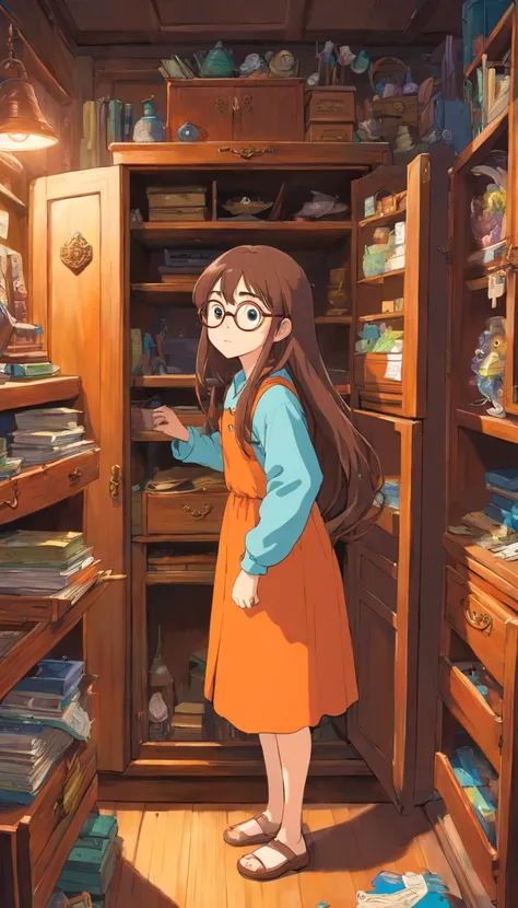 A girl with a long brown hair,with eye glasses,getting out in a old cabinet,messy room.