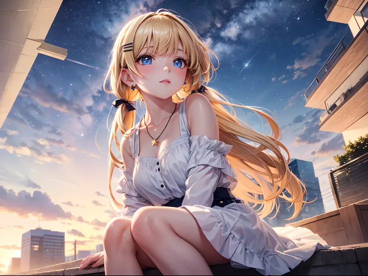 absurderes, ultra-detailliert,bright colour, extremely beautiful detailed anime face and eyes,octane, sky, Star (sky), scenery, Starry sky, Night, 1girll, Night sky, Solo, Outdoors, Building, Cloud, Milky Way, Sitting, tree, Long hair, City, Silhouette, Ci...